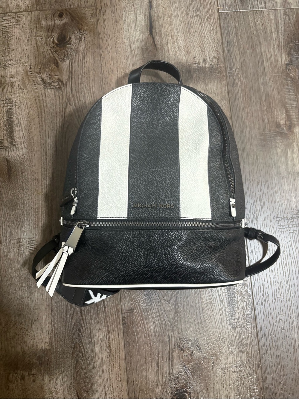 Michael Kors Black and White Striped Leather Backpack - Picture 2 of 6